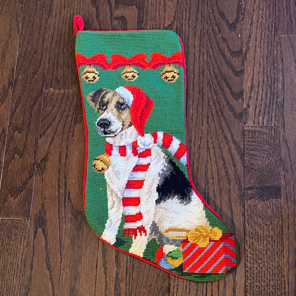 Jack Russell Needlepoint Christmas Stocking - Green and Red